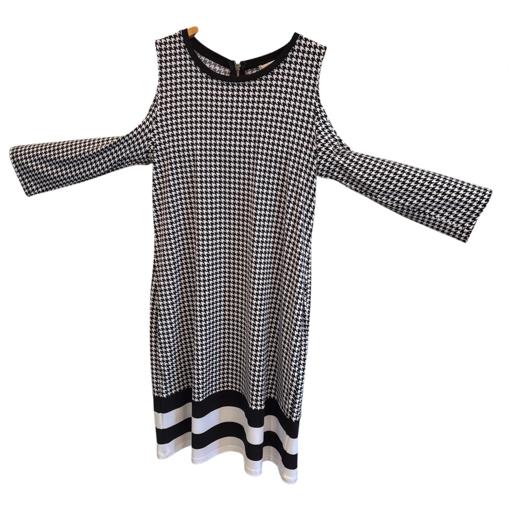 MICHAEL KORS | Cold Shoulder Houndstooth Striped Dress Size Medium - Picture 4 of 8
